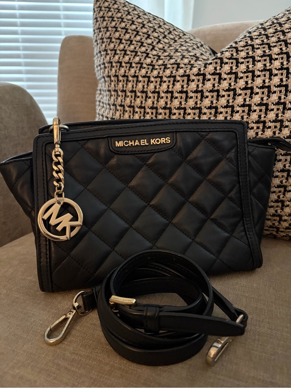 Michael Kors Black Quilted Leather Crossbody with Gold MK Charm